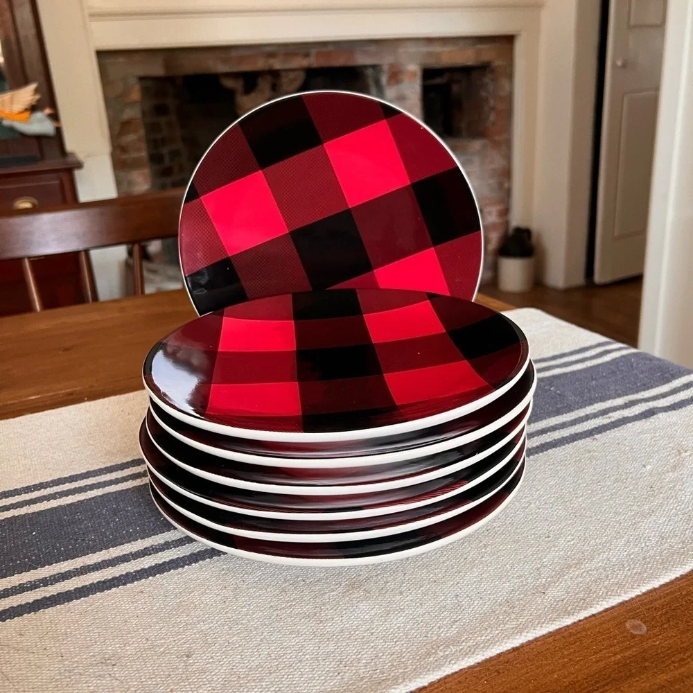 Set of 7 Pottery Barn Buffalo Plaid Check Red & Black Stoneware Salad Plates